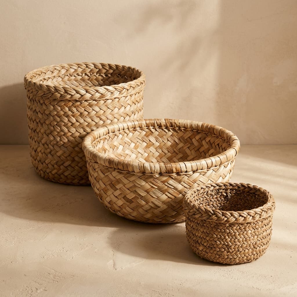 Hand-Woven Natural Reed & Cane Laundry Basket
