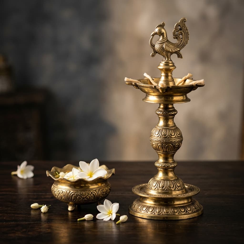 Avurudu Handcrafted Brass Oil Lamp with Clay Saucers